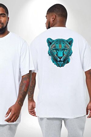 Yeşil Leopar Kafası Büyük Beden Beyaz Tişört Kadın Erkek Ünisex Sırt Baskılı