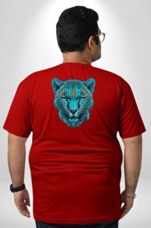 Yeşil Leopar Kafası Büyük Beden Kırmızı Tişört Kadın Erkek Ünisex Sırt Baskılı