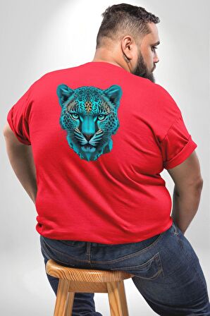 Yeşil Leopar Kafası Büyük Beden Kırmızı Tişört Kadın Erkek Ünisex Sırt Baskılı