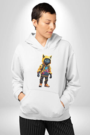Spor Eşofman Takımı Sarı Kedi İnsan Kadın Erkek  Beyaz Kapüşonlu Sweatshirt Hoodie