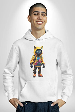 Spor Eşofman Takımı Sarı Kedi İnsan Kadın Erkek  Beyaz Kapüşonlu Sweatshirt Hoodie
