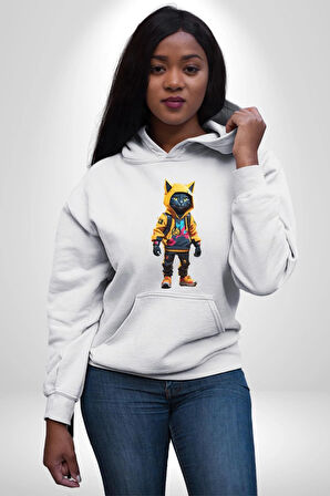 Spor Eşofman Takımı Sarı Kedi İnsan Kadın Erkek  Beyaz Kapüşonlu Sweatshirt Hoodie
