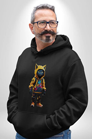 Spor Eşofman Takımı Sarı Kedi İnsan Kadın Erkek  Siyah Kapüşonlu Sweatshirt Hoodie