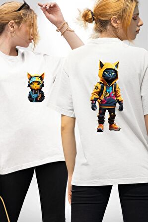 Spor Eşofman Takımı Sarı Kedi İnsan Beyaz Oversize Kadın Erkek Ön ve Sırt Baskılı Tişört