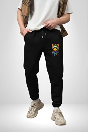 Bandana Kedi Kulaklık Çeket Pamuklu 3 İplik Siyah Eşofman Altı Erkek Oversize Kesim Dijital Baskılı