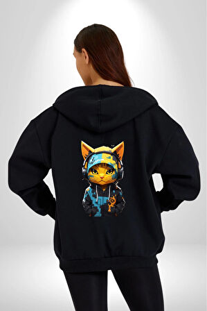 Bandana Kedi Kulaklık Çeket Kadın Erkek Siyah Renk Kapüşonlu Kanguru Cepli  Fermuarlı Pamuklu Oversize Dijital Baskılı Hırka Sweatshirt