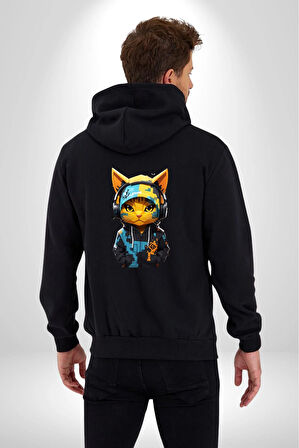 Bandana Kedi Kulaklık Çeket Kadın Erkek Siyah Renk Kapüşonlu Kanguru Cepli  Fermuarlı Pamuklu Oversize Dijital Baskılı Hırka Sweatshirt