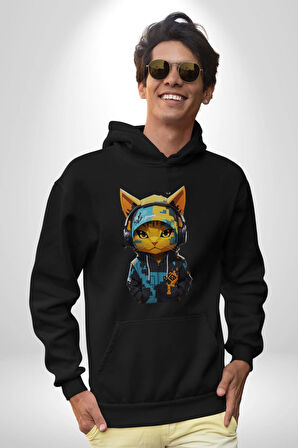 Bandana Kedi Kulaklık Çeket Kadın Erkek  Siyah Kapüşonlu Sweatshirt Hoodie