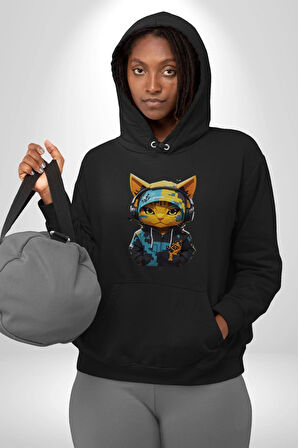 Bandana Kedi Kulaklık Çeket Kadın Erkek  Siyah Kapüşonlu Sweatshirt Hoodie