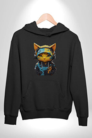 Bandana Kedi Kulaklık Çeket Kadın Erkek  Siyah Kapüşonlu Sweatshirt Hoodie