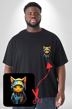 Bandana Kedi Kulaklık Çeket Siyah Büyük Beden Kadın Basic Minimal Baskılı Tişört