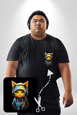 Bandana Kedi Kulaklık Çeket Siyah Büyük Beden Kadın Basic Minimal Baskılı Tişört