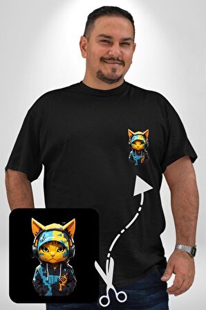 Bandana Kedi Kulaklık Çeket Siyah Büyük Beden Kadın Basic Minimal Baskılı Tişört