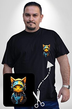 Bandana Kedi Kulaklık Çeket Siyah Büyük Beden Kadın Basic Minimal Baskılı Tişört