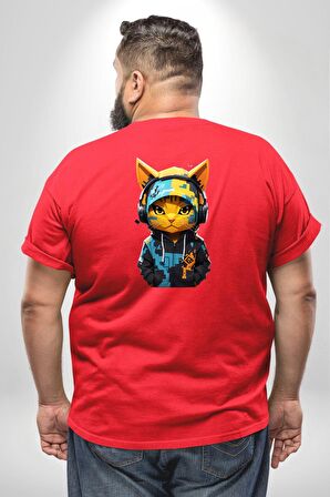 Bandana Kedi Kulaklık Çeket Büyük Beden Kırmızı Tişört Kadın Erkek Ünisex Sırt Baskılı