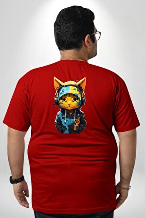 Bandana Kedi Kulaklık Çeket Büyük Beden Kırmızı Tişört Kadın Erkek Ünisex Sırt Baskılı