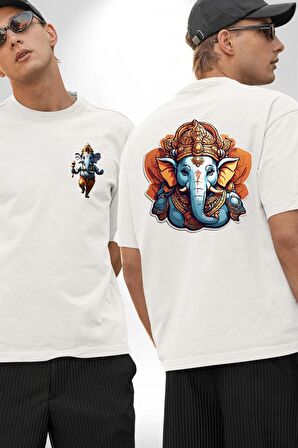 Hindu Fil Bereket Tanrısı Beyaz Oversize Kadın Erkek Ön ve Sırt Baskılı Tişört