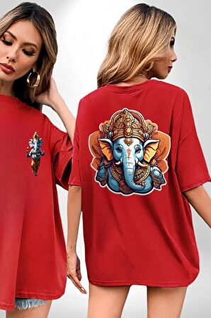 Hindu Fil Bereket Tanrısı Kırmızı Oversize Kadın Erkek Ön ve Sırt Baskılı Tişört
