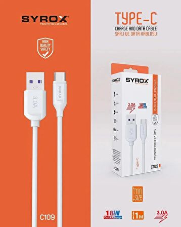 Syrox C109 Type-c Girişli 18w 3.0a Hızlı Şarj Ve Data Kablosu