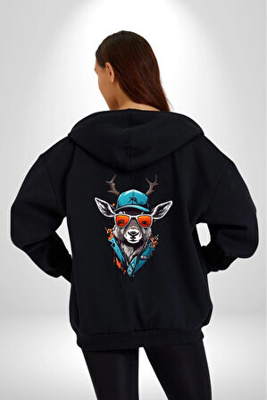 Güneş Gözlüğü Savaşcı Geyik  Kadın Erkek Siyah Renk Kapüşonlu Kanguru Cepli  Fermuarlı Pamuklu Oversize Dijital Baskılı Hırka Sweatshirt