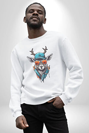 Güneş Gözlüğü Savaşcı Geyik  Kadın Erkek  Beyaz Baskılı Sweatshirt 