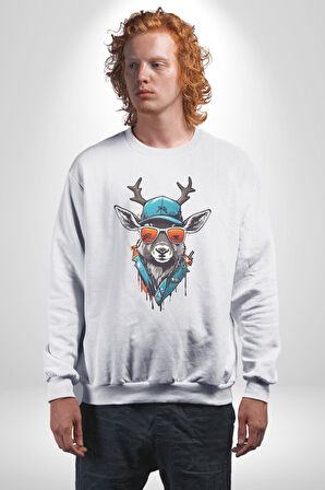 Güneş Gözlüğü Savaşcı Geyik  Kadın Erkek  Beyaz Baskılı Sweatshirt 
