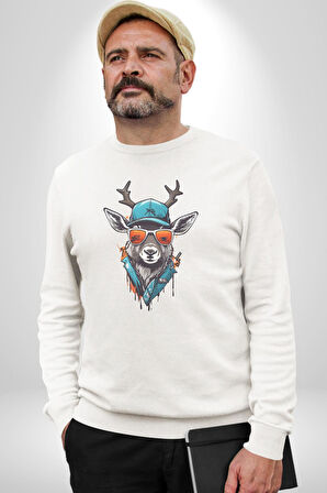 Güneş Gözlüğü Savaşcı Geyik  Kadın Erkek  Beyaz Baskılı Sweatshirt 