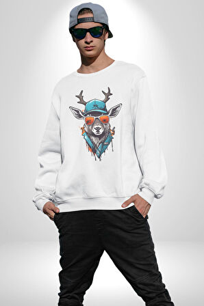 Güneş Gözlüğü Savaşcı Geyik  Kadın Erkek  Beyaz Baskılı Sweatshirt 