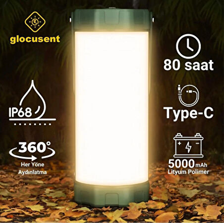Glocusent Kamp Feneri Lambası 120 Saat Şarjlı Kullanım, Ip68 Su Geçirmez, Kamp, Deprem Çantası Feneri Ve Afet