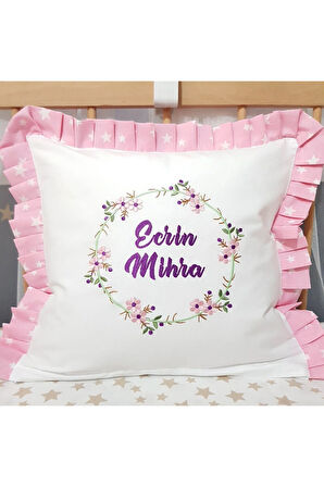 Nakışlı Kırlent Bebek İsimli 40x40 Cm İçi Dolgulu Fırfırlı Kırlent
