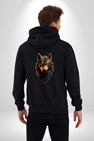 Siyah Ateşli Sinirli Kurt  Kadın Erkek Siyah Renk Kapüşonlu Kanguru Cepli  Fermuarlı Pamuklu Oversize Dijital Baskılı Hırka Sweatshirt