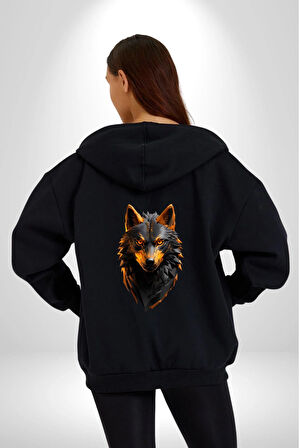 Siyah Ateşli Sinirli Kurt  Kadın Erkek Siyah Renk Kapüşonlu Kanguru Cepli  Fermuarlı Pamuklu Oversize Dijital Baskılı Hırka Sweatshirt