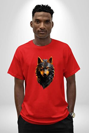 Siyah Ateşli Sinirli Kurt  Pamuklu Bisiklet Yaka Kadın Erkek Oversize Boyfriend Dijital Baskılı Kırmızı T-Shirt