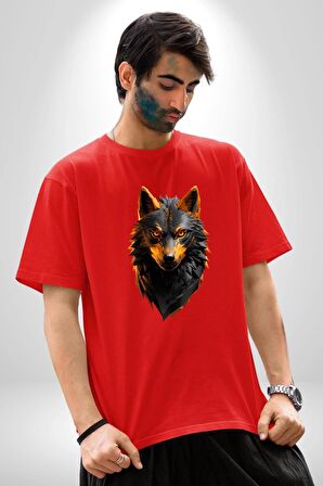 Siyah Ateşli Sinirli Kurt  Pamuklu Bisiklet Yaka Kadın Erkek Oversize Boyfriend Dijital Baskılı Kırmızı T-Shirt