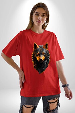 Siyah Ateşli Sinirli Kurt  Pamuklu Bisiklet Yaka Kadın Erkek Oversize Boyfriend Dijital Baskılı Kırmızı T-Shirt