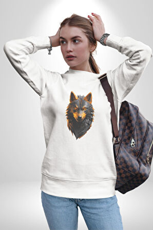Siyah Ateşli Sinirli Kurt  Kadın Erkek  Beyaz Baskılı Sweatshirt 