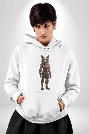 Yapay Zeka Kurt Robot İnsan  Kadın Erkek  Beyaz Kapüşonlu Sweatshirt Hoodie