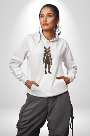Yapay Zeka Kurt Robot İnsan  Kadın Erkek  Beyaz Kapüşonlu Sweatshirt Hoodie