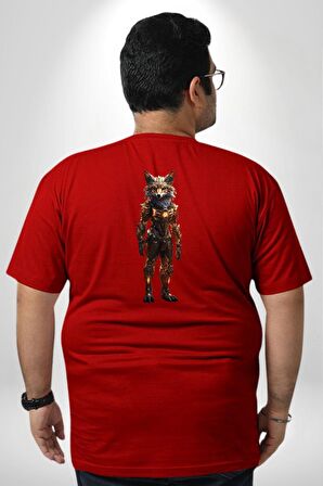 Yapay Zeka Kurt Robot İnsan  Büyük Beden Kırmızı Tişört Kadın Erkek Ünisex Sırt Baskılı