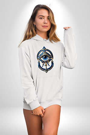 Altın Göz Horos Ra Gözü Kadın Erkek  Beyaz Kapüşonlu Sweatshirt Hoodie