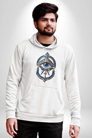 Altın Göz Horos Ra Gözü Kadın Erkek  Beyaz Kapüşonlu Sweatshirt Hoodie