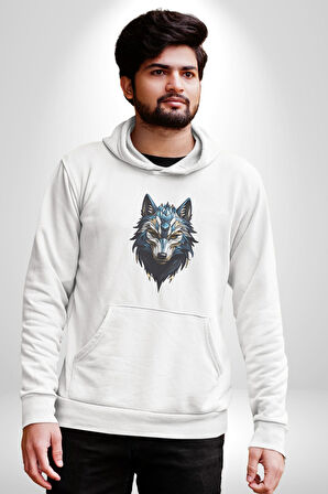 Mavi Kurt Robot  Kadın Erkek  Beyaz Kapüşonlu Sweatshirt Hoodie