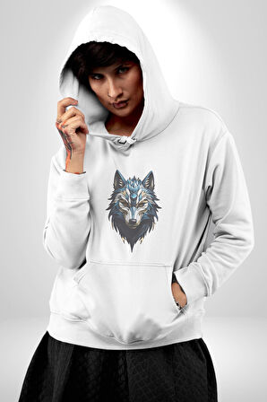 Mavi Kurt Robot  Kadın Erkek  Beyaz Kapüşonlu Sweatshirt Hoodie