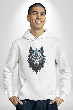 Mavi Kurt Robot  Kadın Erkek  Beyaz Kapüşonlu Sweatshirt Hoodie