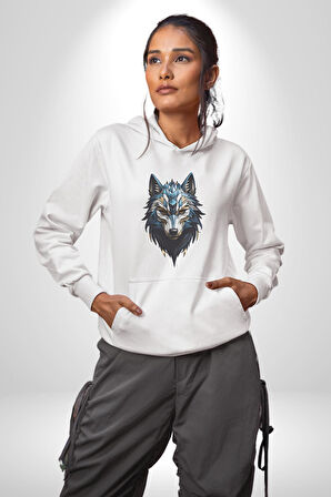 Mavi Kurt Robot  Kadın Erkek  Beyaz Kapüşonlu Sweatshirt Hoodie