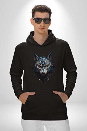 Mavi Kurt Robot  Kadın Erkek  Siyah Kapüşonlu Sweatshirt Hoodie
