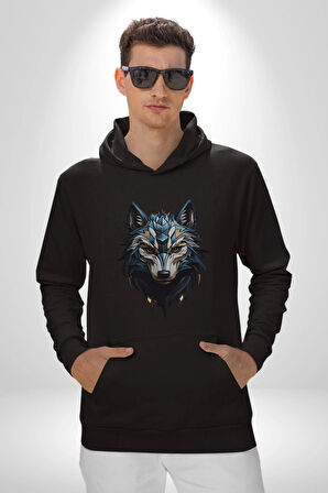 Mavi Kurt Robot  Kadın Erkek  Siyah Kapüşonlu Sweatshirt Hoodie