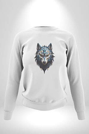 Mavi Kurt Robot  Kadın Erkek  Beyaz Baskılı Sweatshirt 