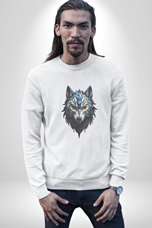 Mavi Kurt Robot  Kadın Erkek  Beyaz Baskılı Sweatshirt 