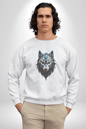 Mavi Kurt Robot  Kadın Erkek  Beyaz Baskılı Sweatshirt 